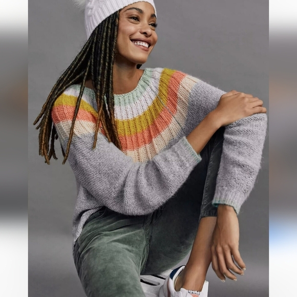 ANTHROPOLOGIE Colleen Pullover Alpaca Wool Blend Sweater Medium Rainbow Gray - Picture 6 of 15